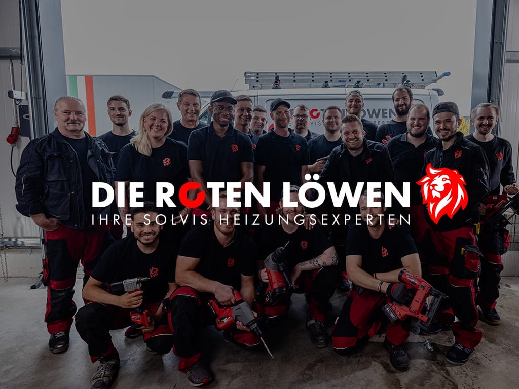 Gruppenfoto des Teams von Die Roten Löwen in Arbeitskleidung mit Werkzeugen.