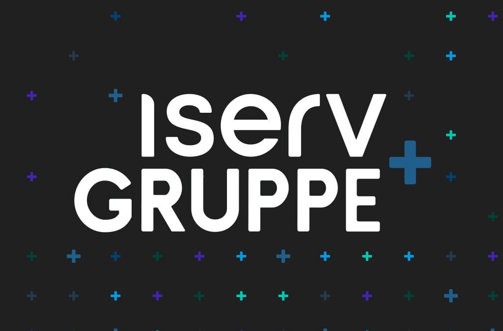 Logo der IServ Gruppe mit dem Schriftzug auf schwarzem Hintergrund und bunten Pluszeichen.