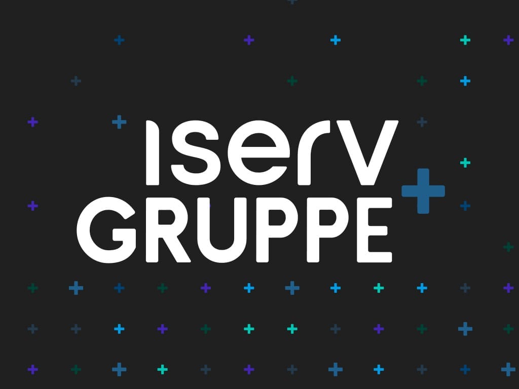 Logo der IServ Gruppe mit dem Schriftzug auf schwarzem Hintergrund und bunten Pluszeichen.