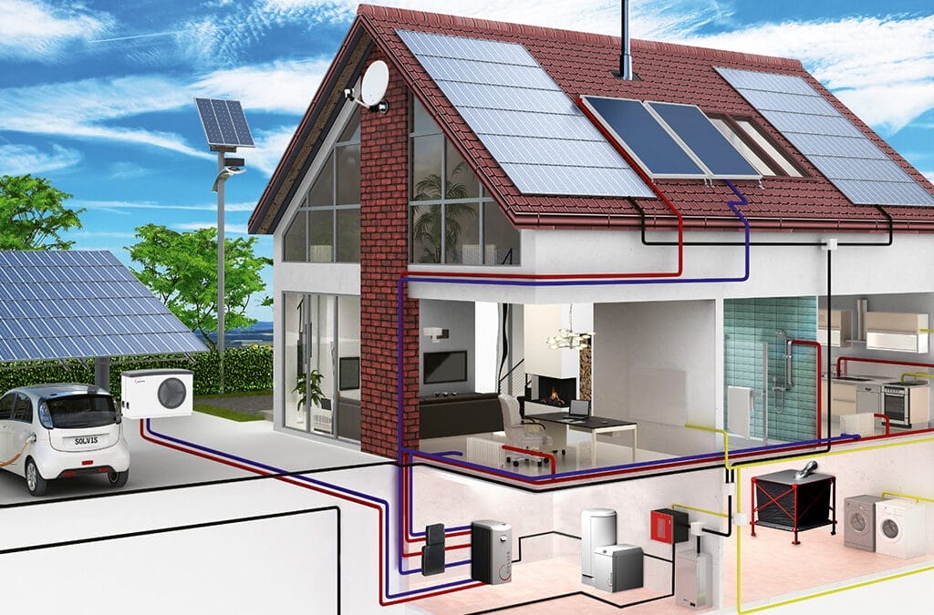 Modell eines Hauses mit Solaranlage, Heizsystem und elektrischen Verbindungen.