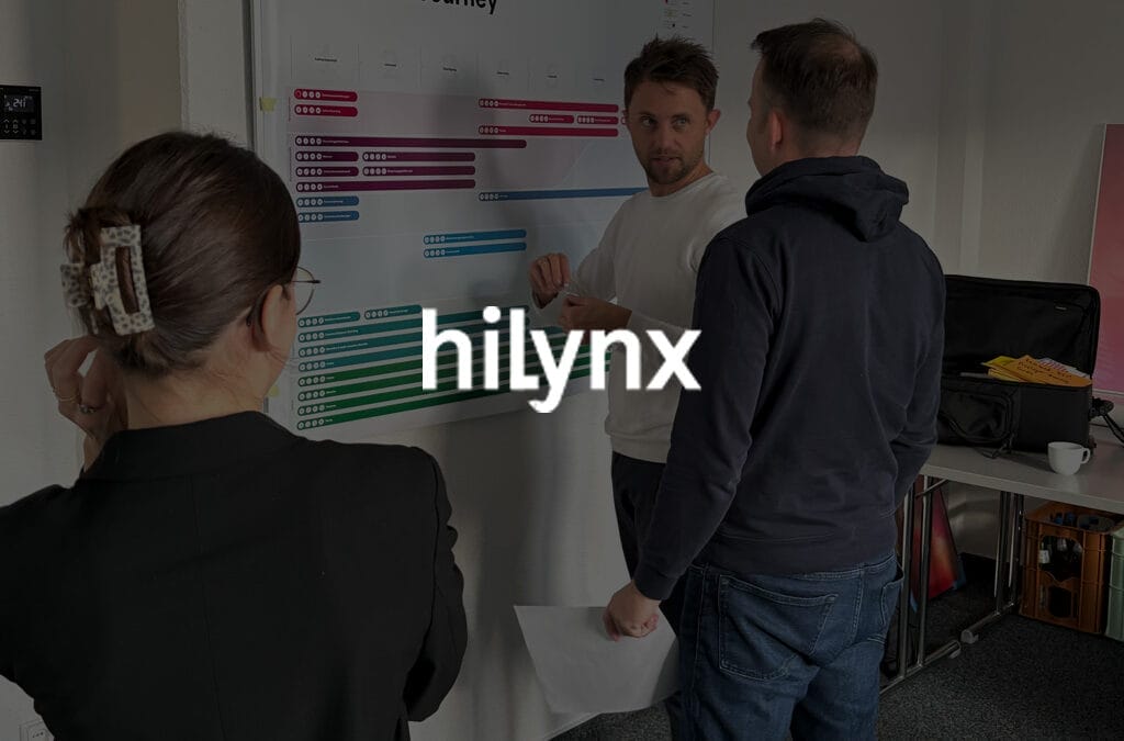 Drei Personen diskutieren an einer Wandtafel mit dem Titel 'Candidate Journey' bei hilynx.