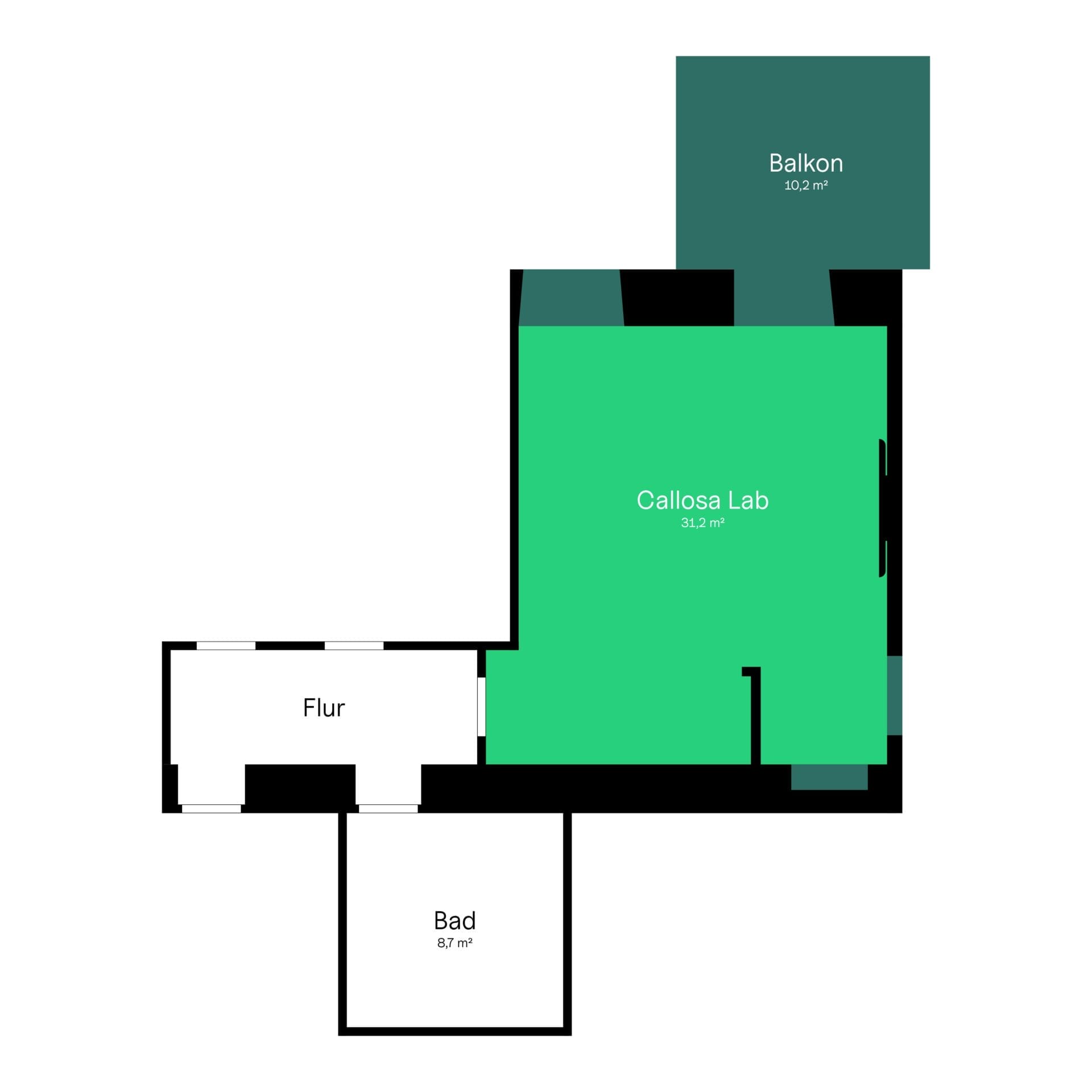 Callosa Lab Raum in leuchtendem Grün (31,2 m²) mit Balkon (10,2 m²) darüber, daneben Flur und Bad in Architekturskizze
